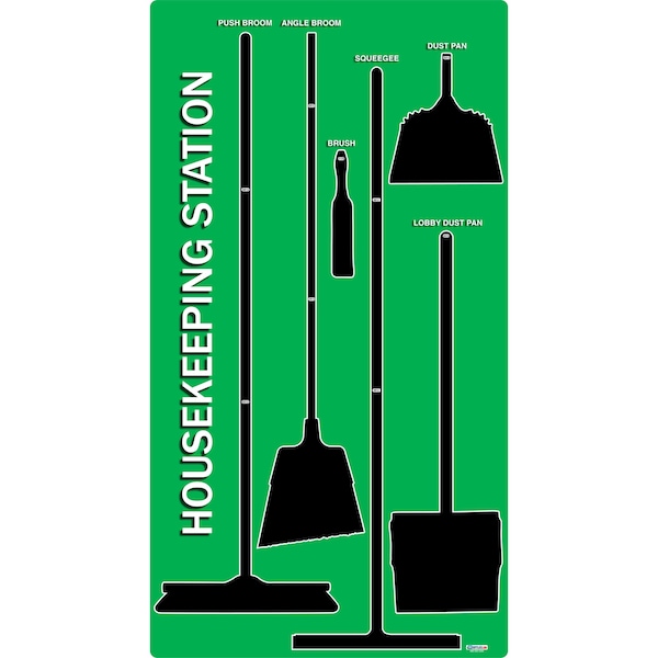 5S Housekeeping Shadow Board Broom Station Version 3 - Green Board / Black Shadows  With Broom